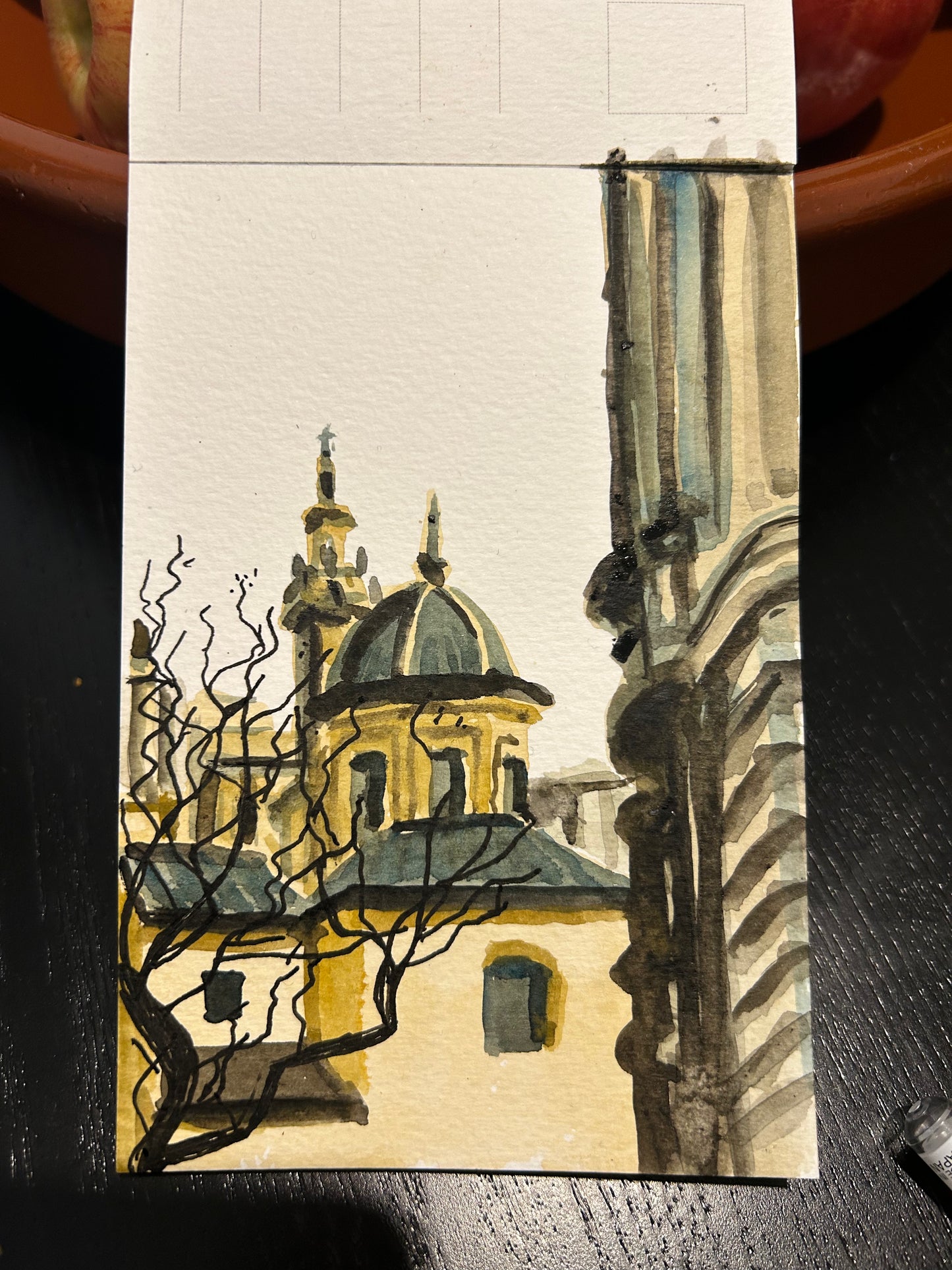 Church roofs in Valencia. Postcard painting.