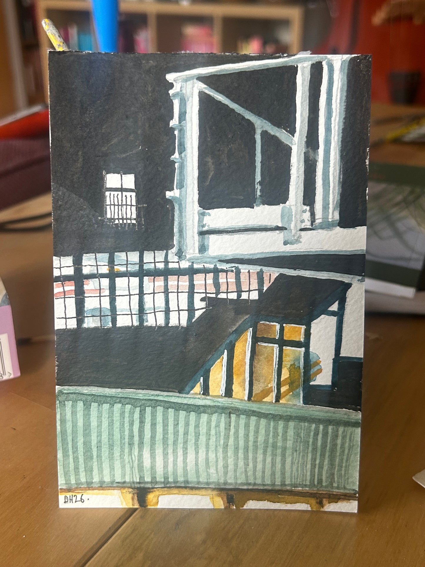 Richmond Underground Station at night, London. Postcard painting. Watercolour.