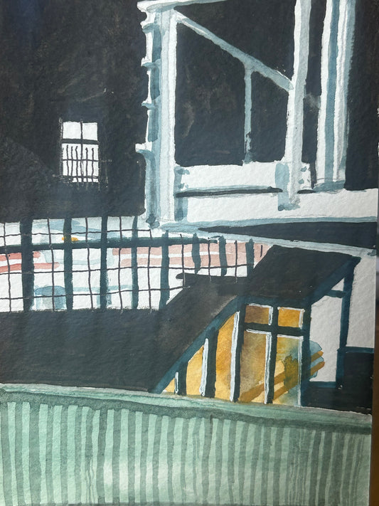 Richmond Underground Station at night, London. Postcard painting. Watercolour.