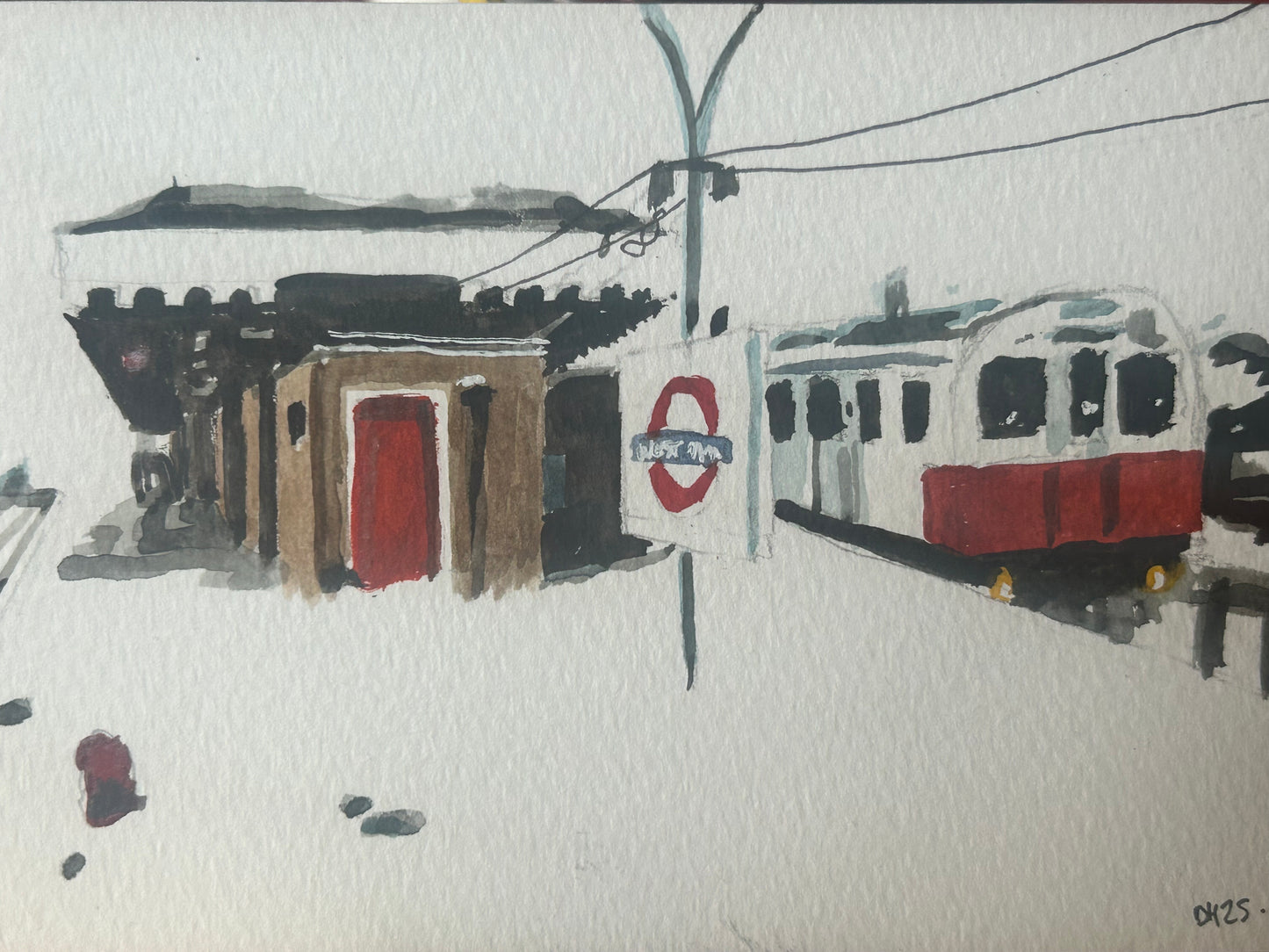 West Ham (1990) London Underground Station. Postcard painting. Watercolour.