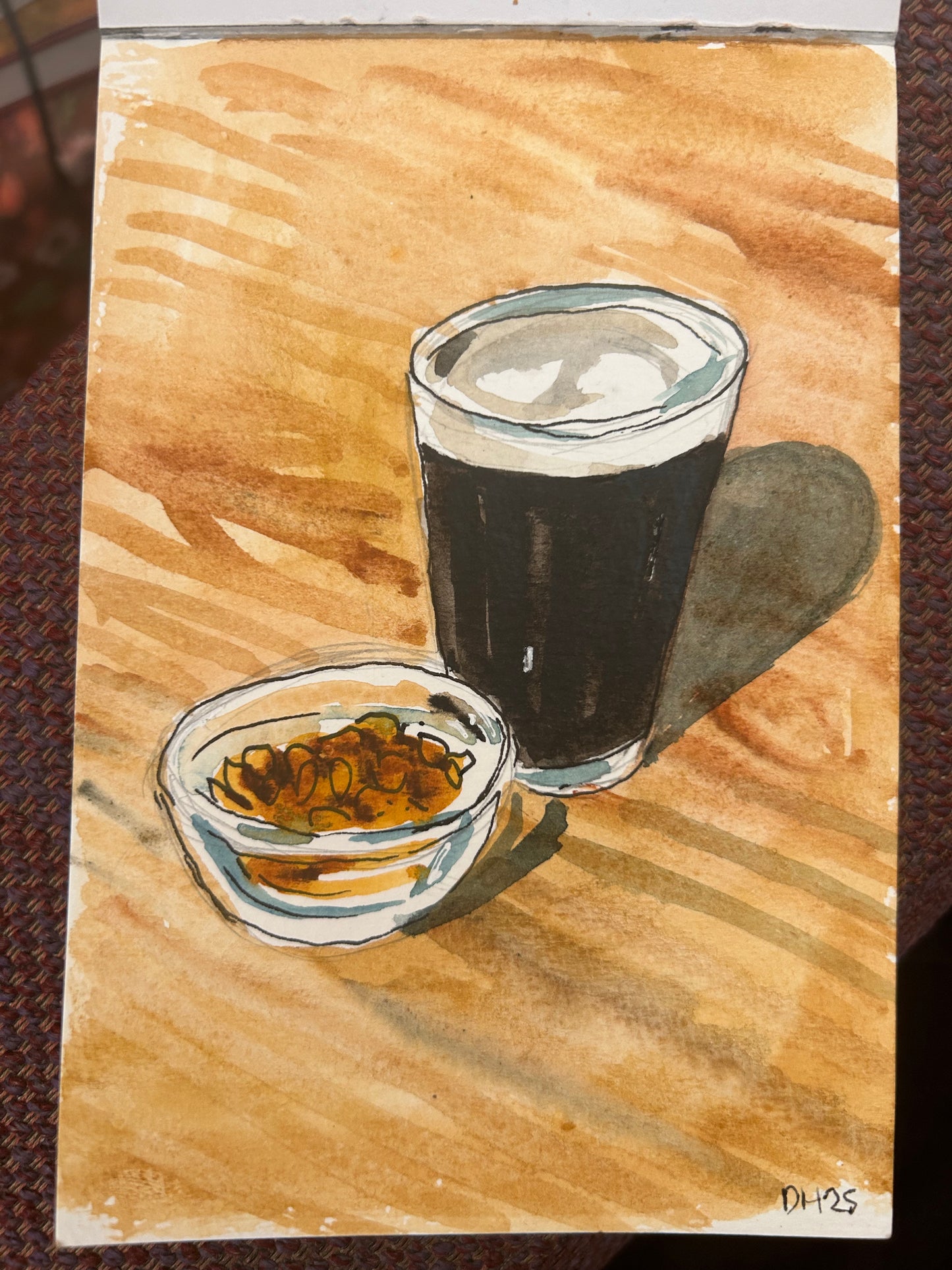 Glass of stout in Valencia. Postcard painting.