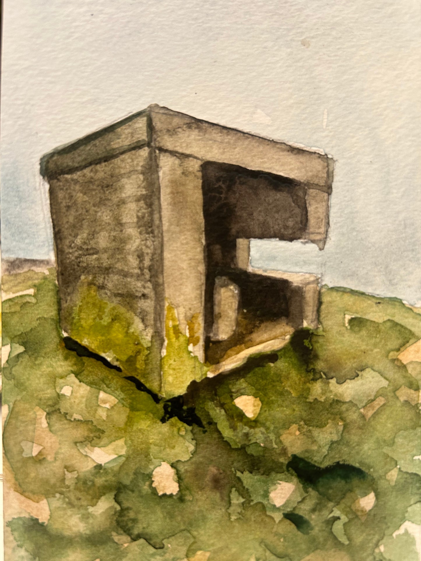 Abbot’s Cliff Pill Box, near Folkestone, Kent. Postcard Painting. watercolour.