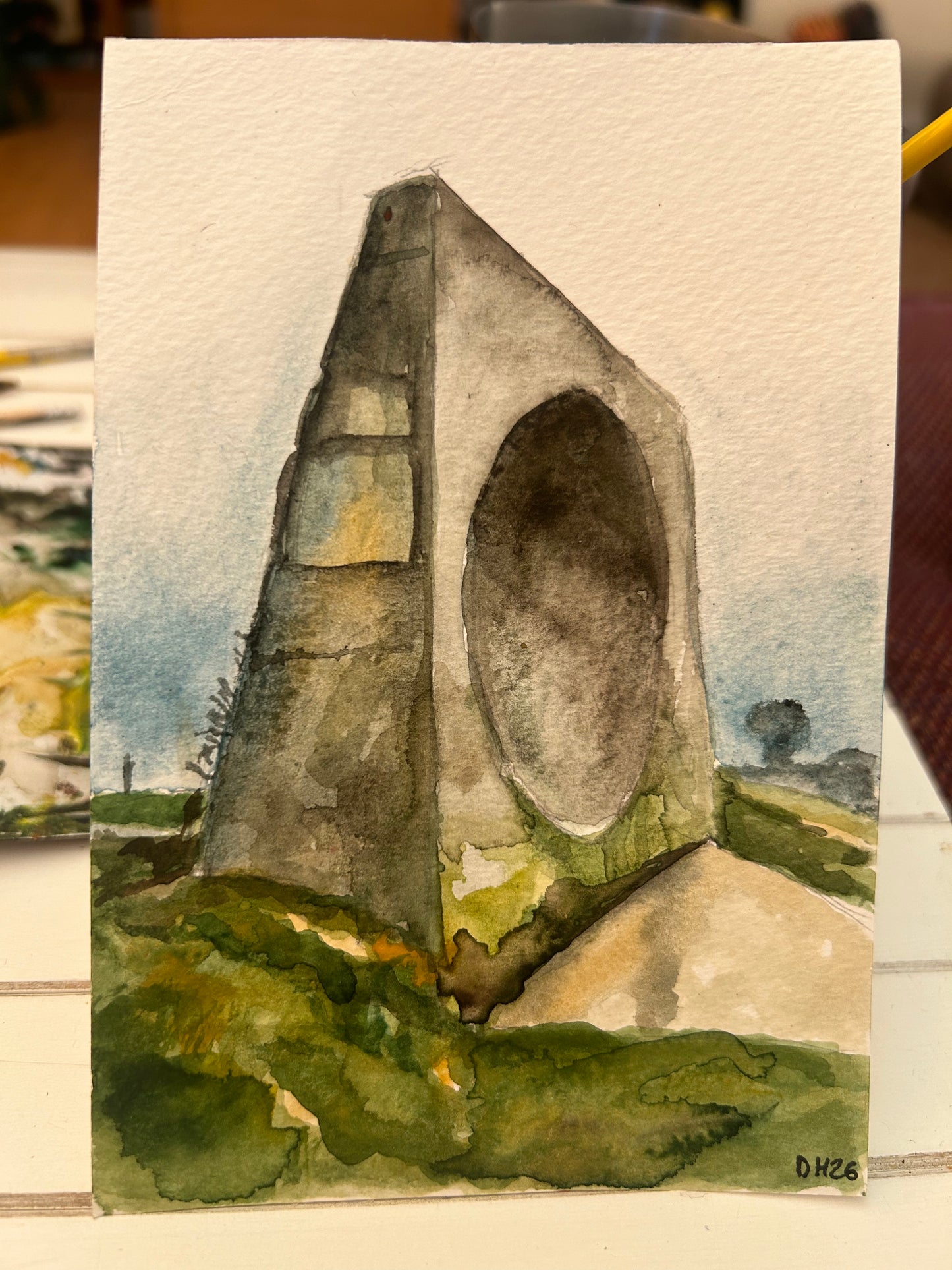 Abbot’s Cliff Sound Mirror, near Folkestone, Kent. Postcard Painting. watercolour.