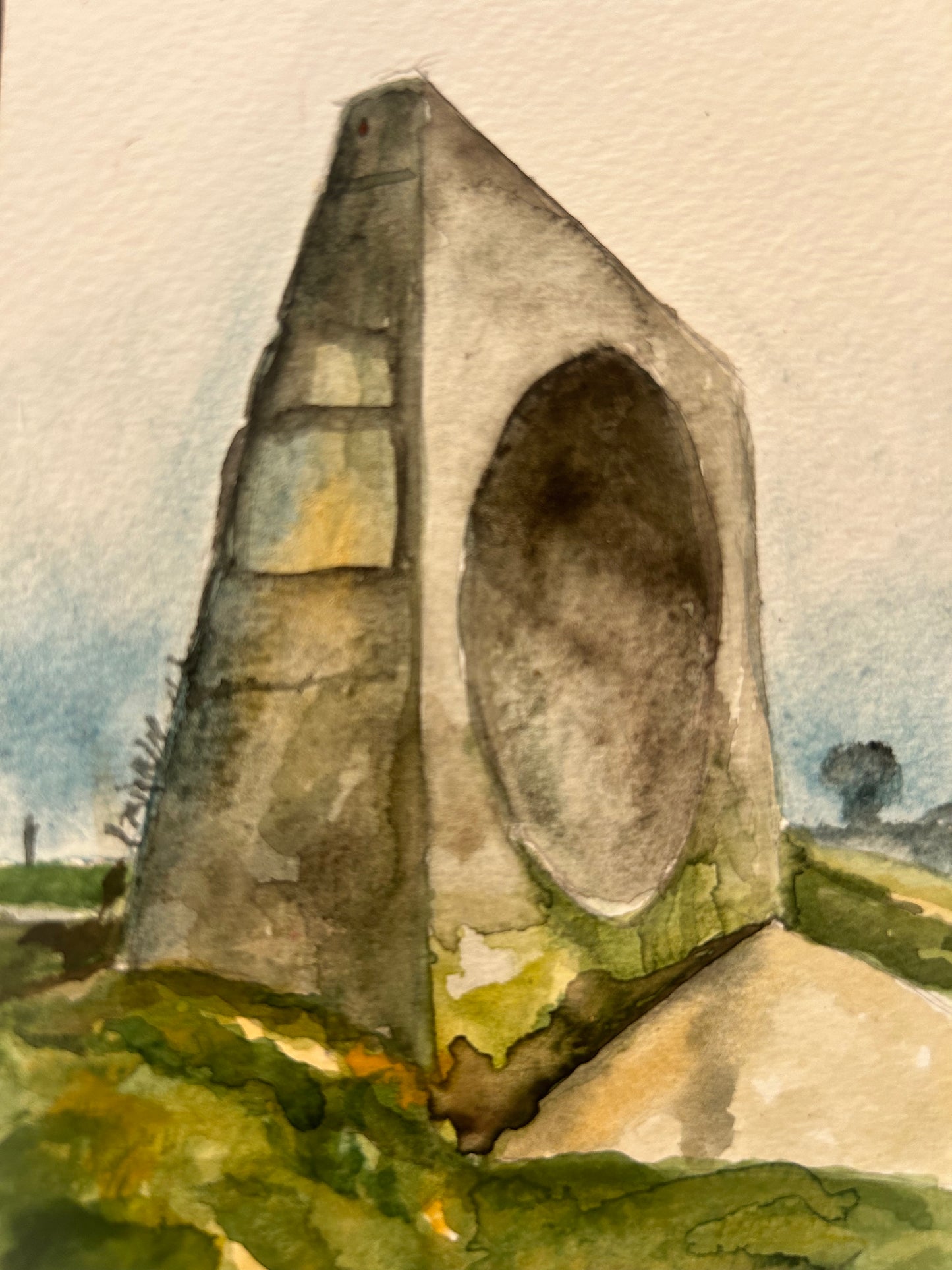 Abbot’s Cliff Sound Mirror, near Folkestone, Kent. Postcard Painting. watercolour.