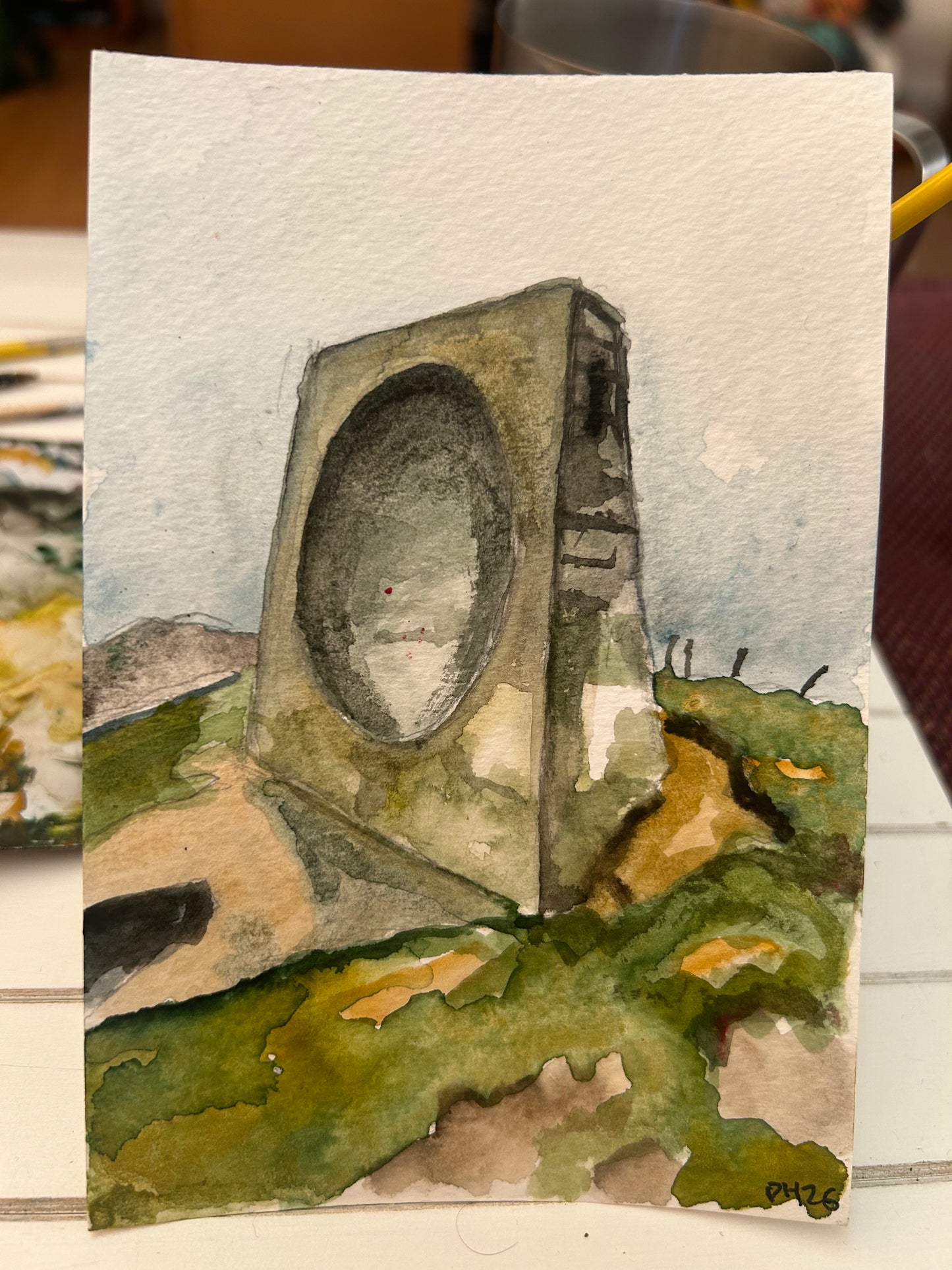 Abbot’s Cliff Sound Mirror, near Folkestone, Kent. Postcard Painting. watercolour.