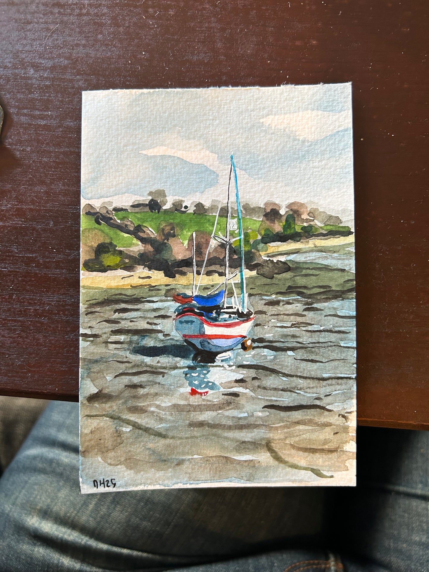 Low tide at Penryn, Cornwall. Postcard painting.