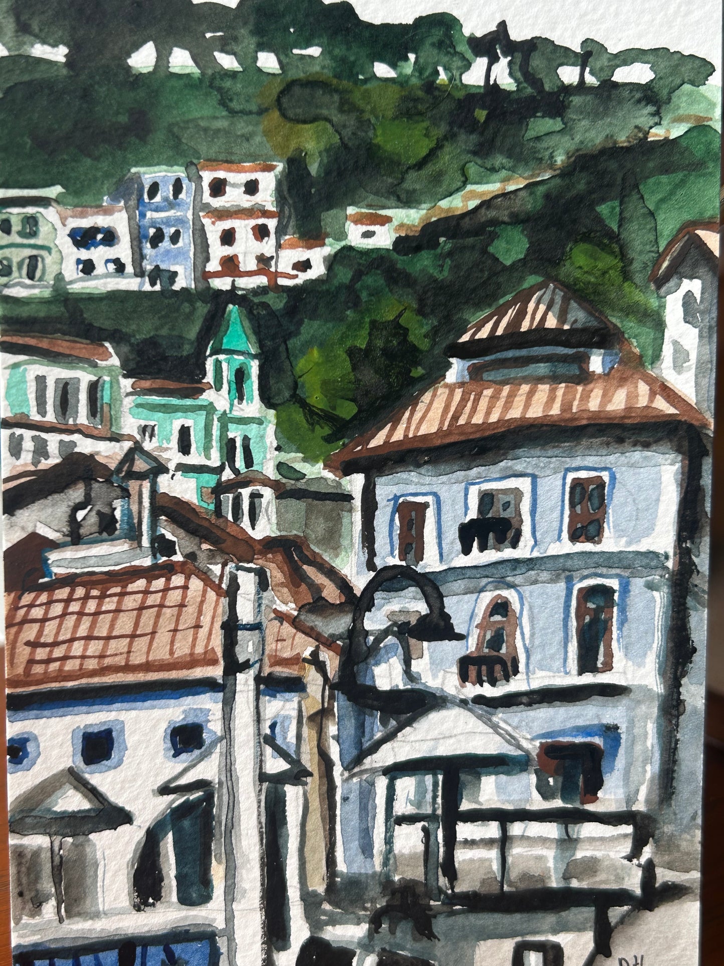 Cudillero, Asturias, Spain. Postcard Painting. watercolour.