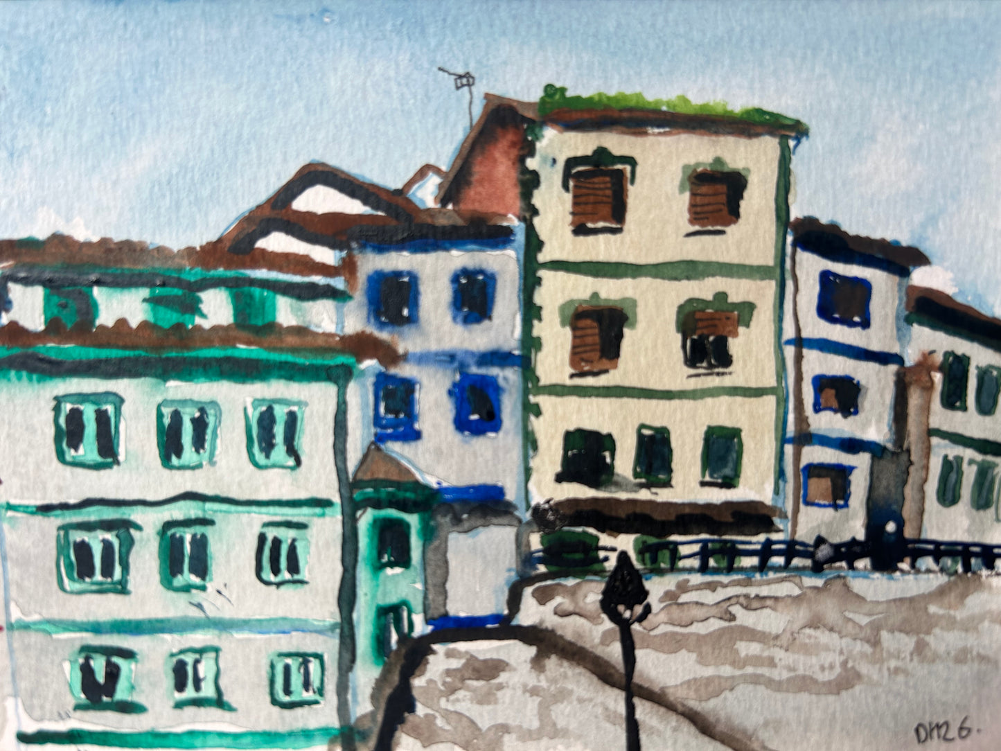 Cudillero, Asturias, Spain. Postcard Painting. watercolour.