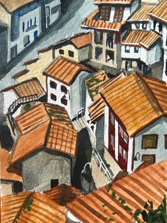 Cudillero, Asturias, Spain. Postcard Painting. watercolour.