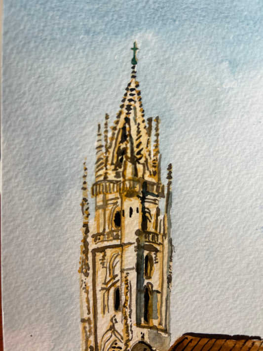 Oviedo, Oviedo Catedral, Asturias, morning, Spain. Postcard Painting. watercolour.