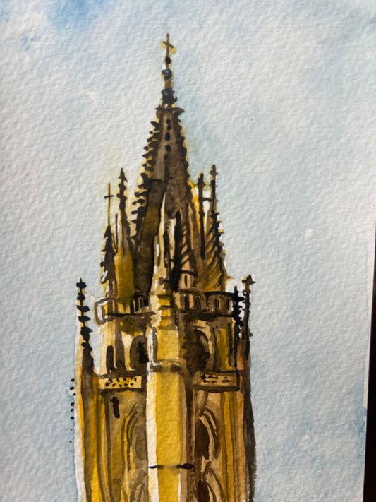 Oviedo, Oviedo Catedral, Asturias, evening, Spain. Postcard Painting. watercolour.