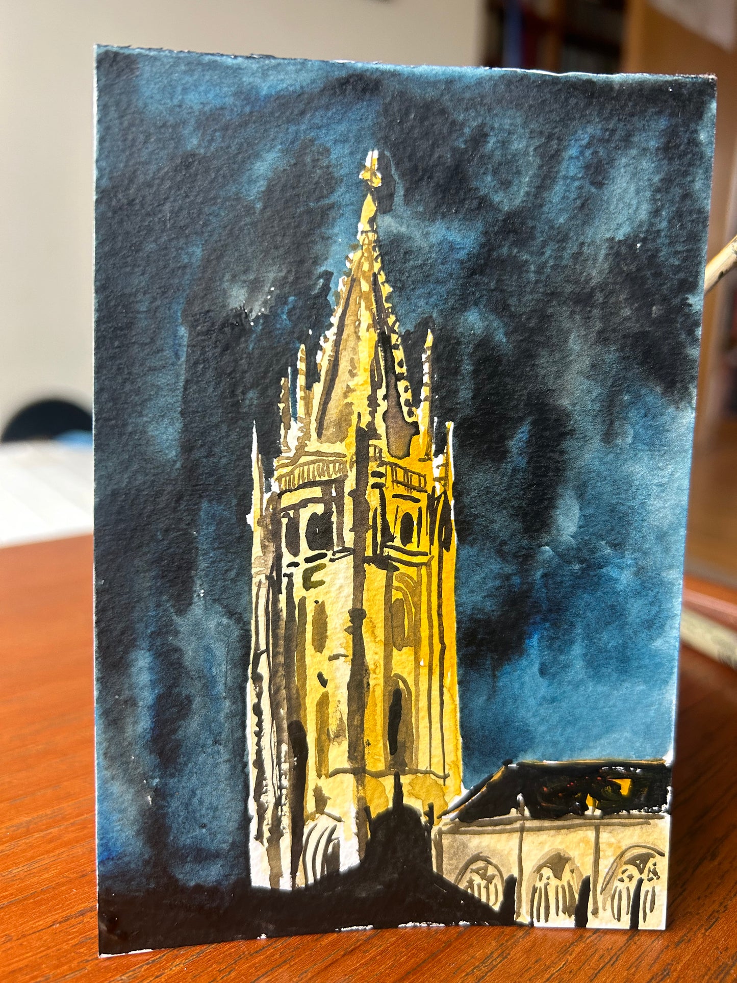 Oviedo, Oviedo Catedral, Asturias, midnight, Spain. Postcard Painting. watercolour.