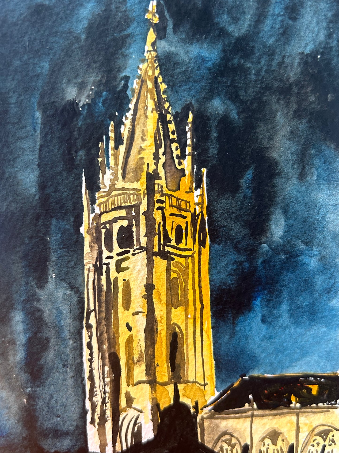 Oviedo, Oviedo Catedral, Asturias, midnight, Spain. Postcard Painting. watercolour.