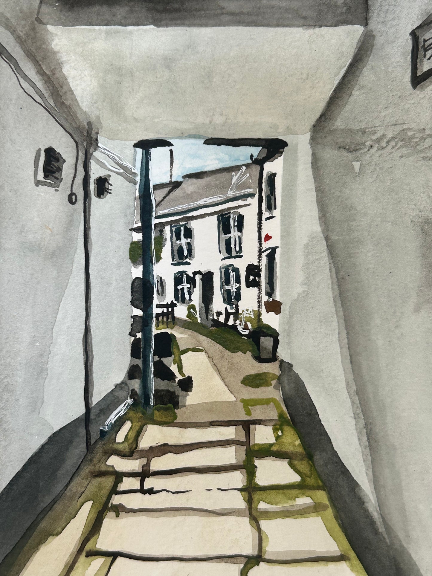 Penryn, Cornwall. Bank Cottages. Postcard Painting. watercolour.
