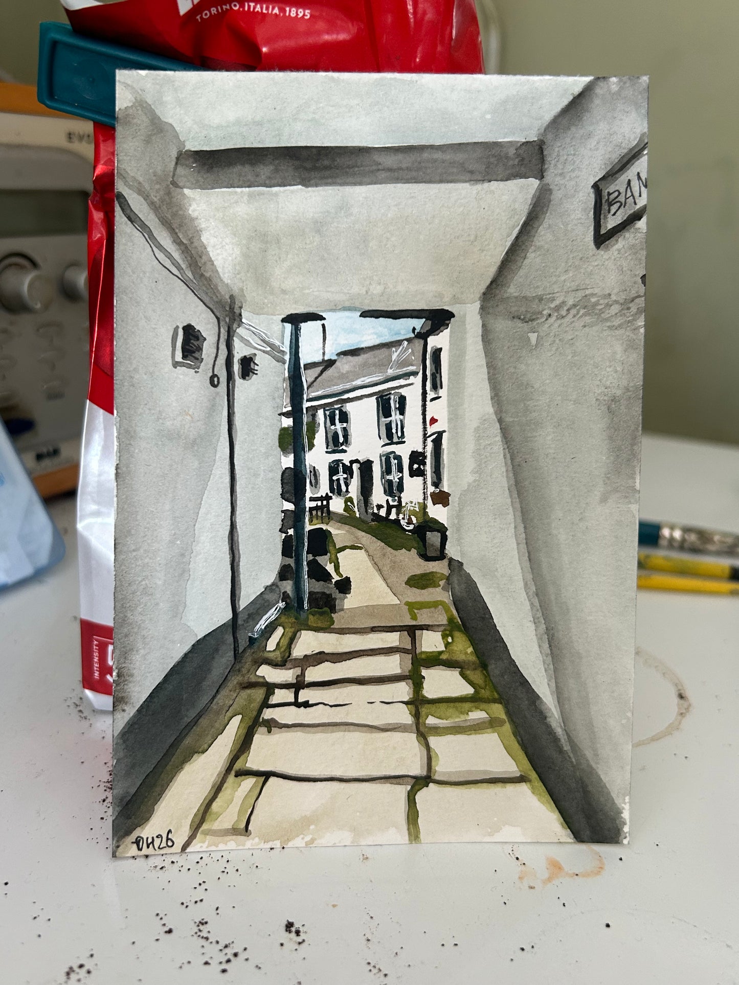 Penryn, Cornwall. Bank Cottages. Postcard Painting. watercolour.