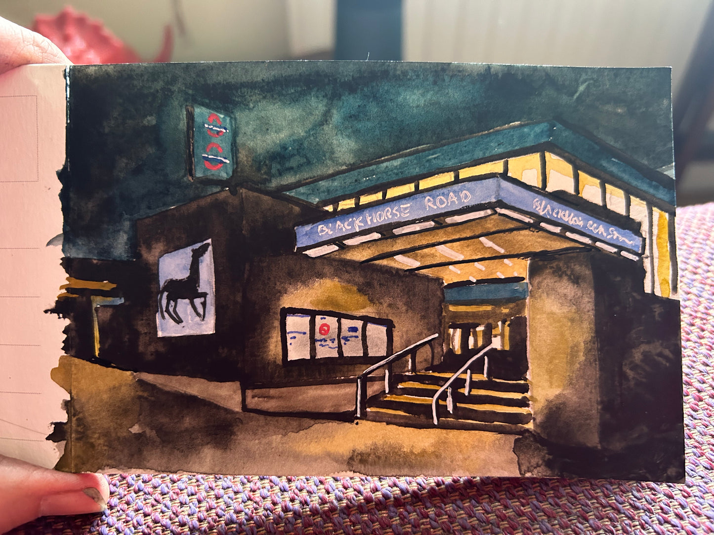 Blackhorse Road Underground Station at night. London. Postcard painting. Watercolour.