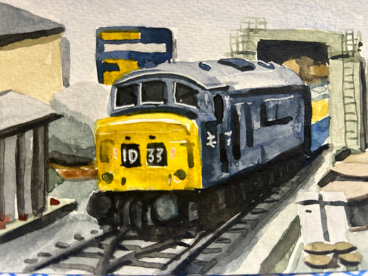 Postcard painting of a model diesel Class 45 diesel train.