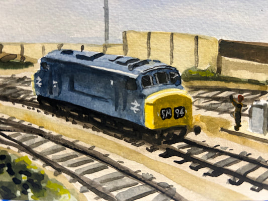 Postcard painting of a model diesel Class 45 diesel train.