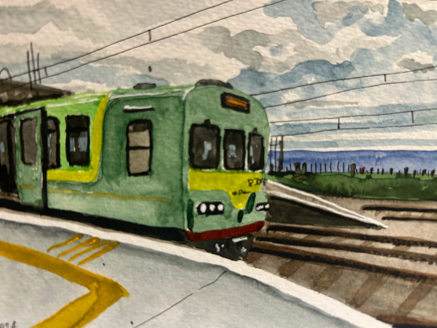Postcard painting of the Dart Train at Greystones, Ireland