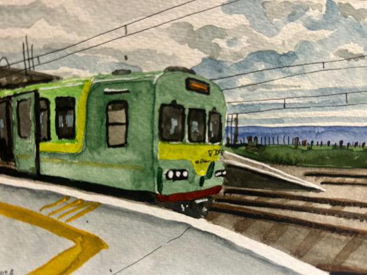 Postcard painting of the Dart Train at Greystones, Ireland
