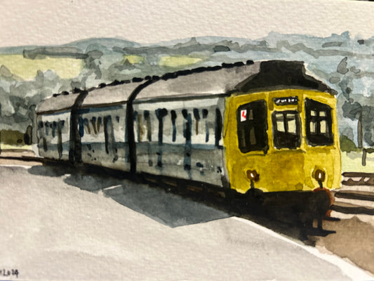Postcard painting of a class 110 DMU train. Watercolour.