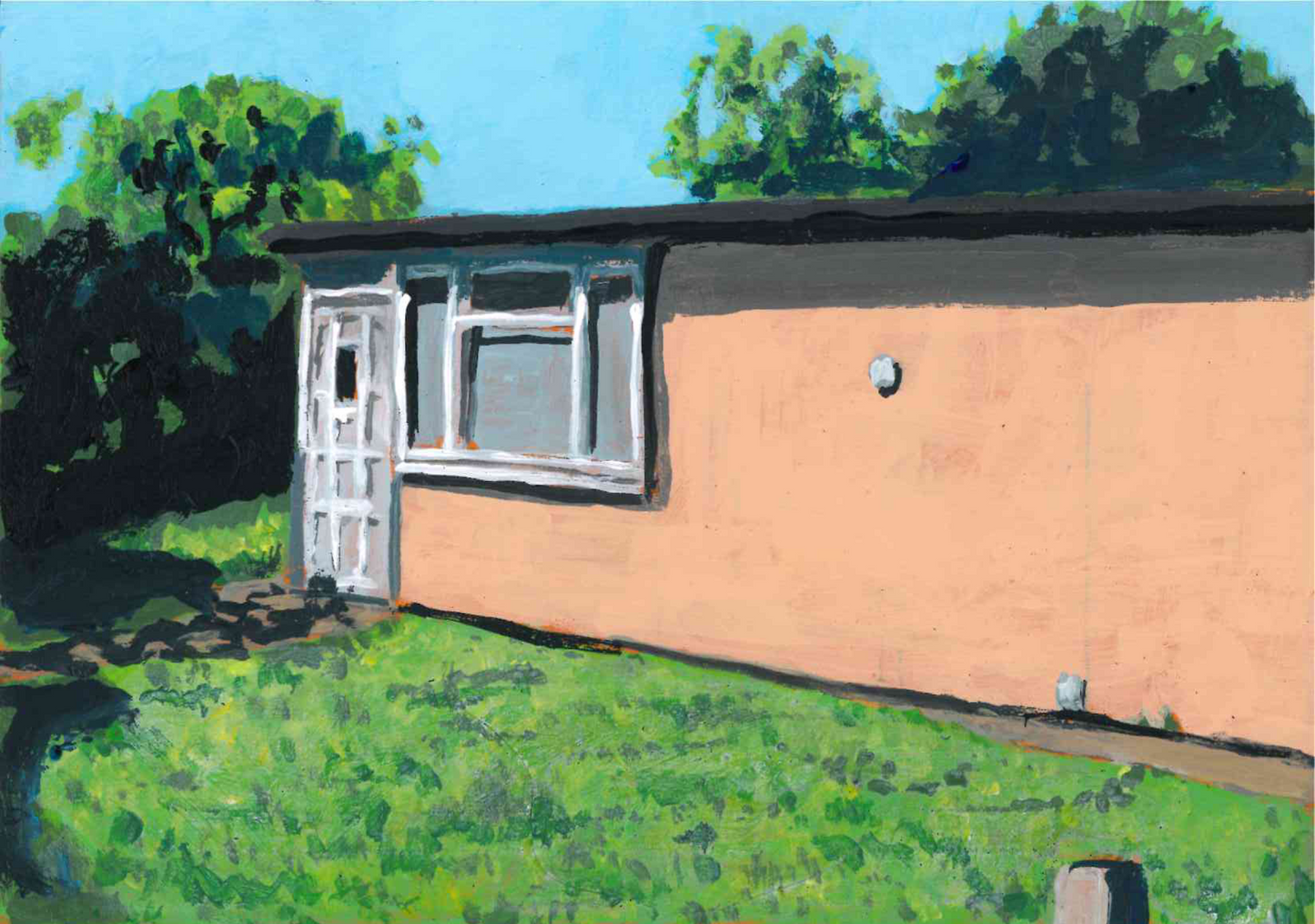 ‘We Used To Be More’ A5 painting of prefab house on the Excalibur estate in Catford, London. Acrylic on board. Framed. 2026.