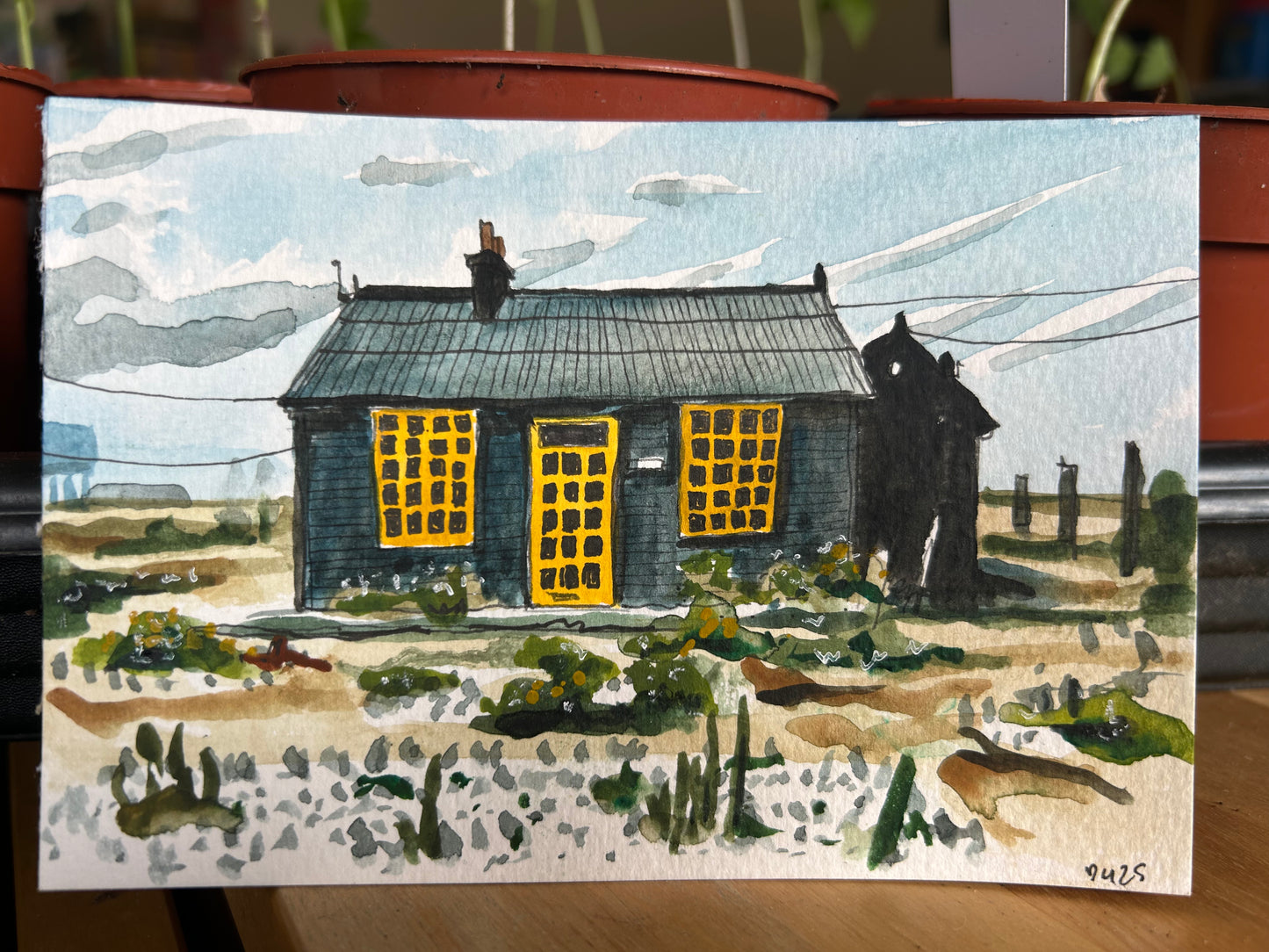 Prospect Cottage, Dungeness, Kent. Postcard painting.