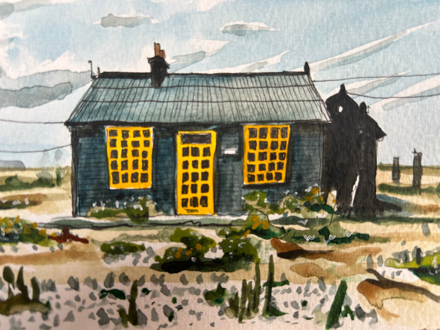Prospect Cottage, Dungeness, Kent. Postcard painting.