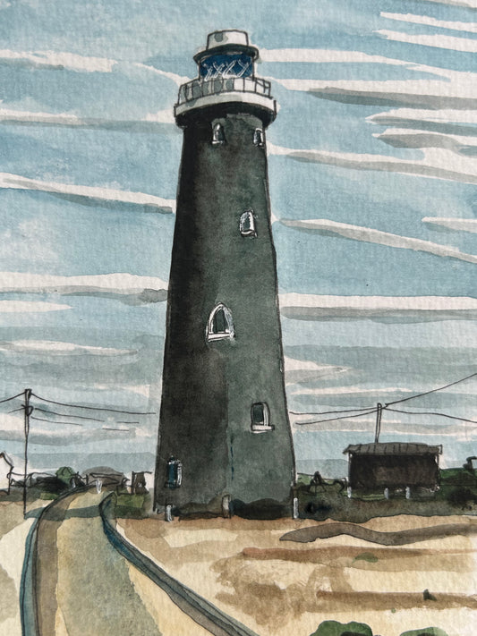 Lighthouse, Dungeness, Kent. Postcard painting.