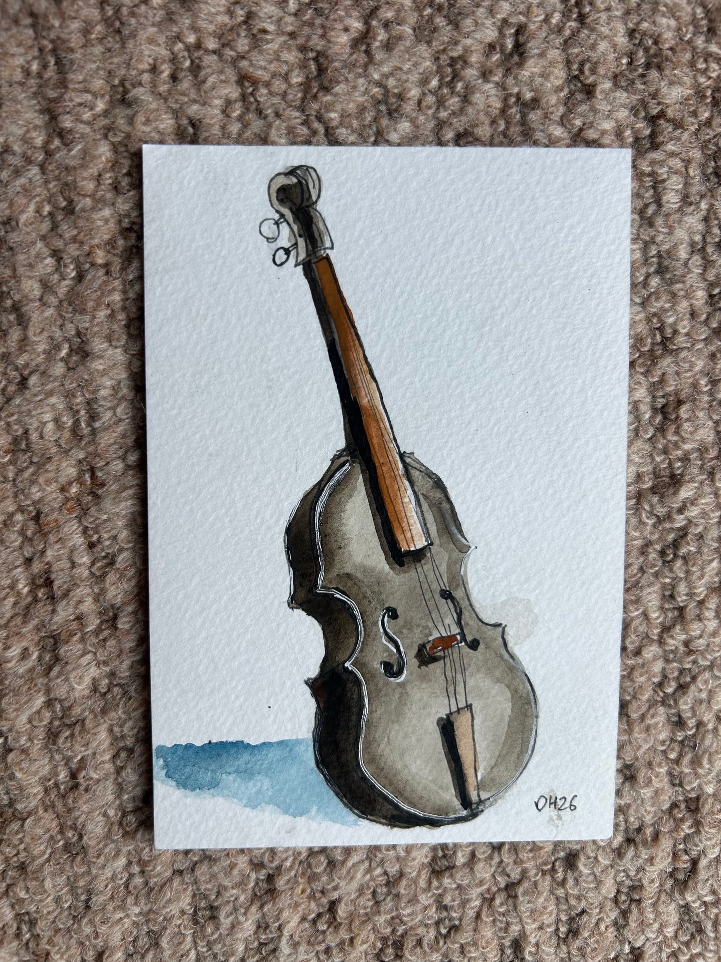Paul McCartney’s Upright Bass, previously owned by Bill Black. Postcard Painting. watercolour.