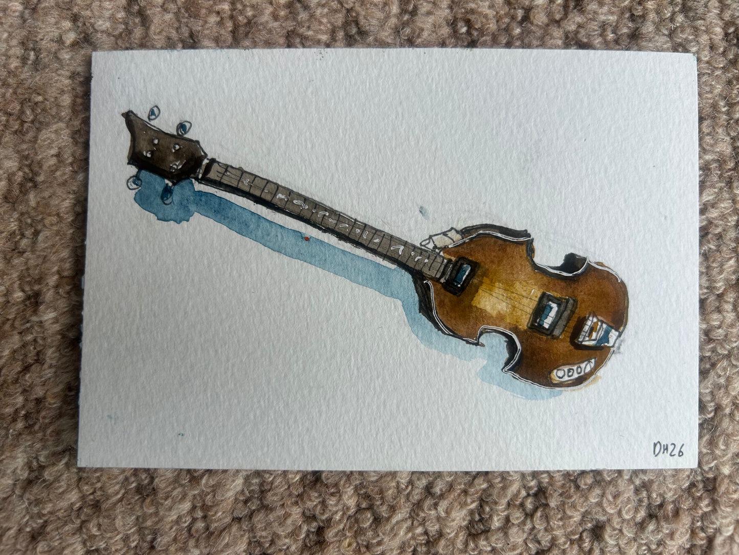 Paul McCartney’s Violin Bass. Postcard Painting. watercolour.