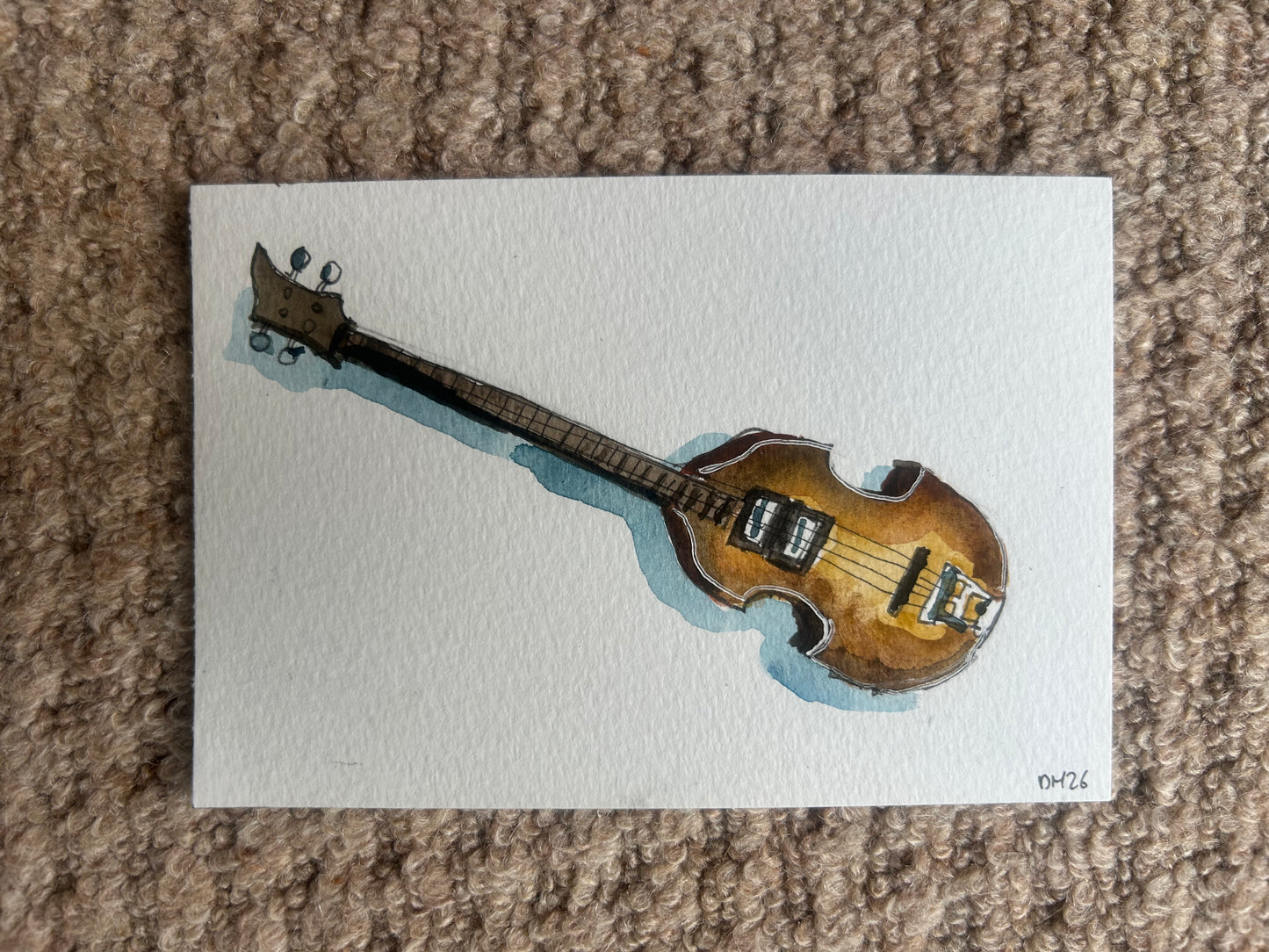 Paul McCartney’s ‘stolen’ Violin Bass. Postcard Painting. watercolour.