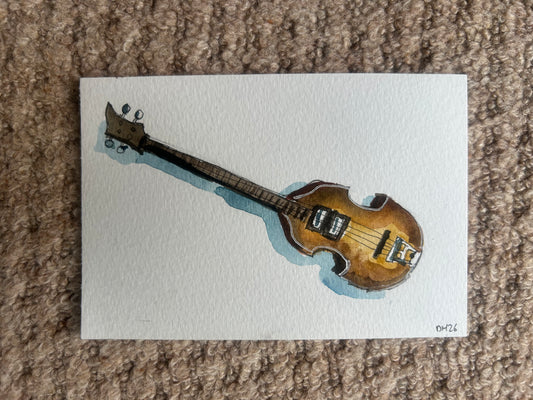 Paul McCartney’s ‘stolen’ Violin Bass. Postcard Painting. watercolour.
