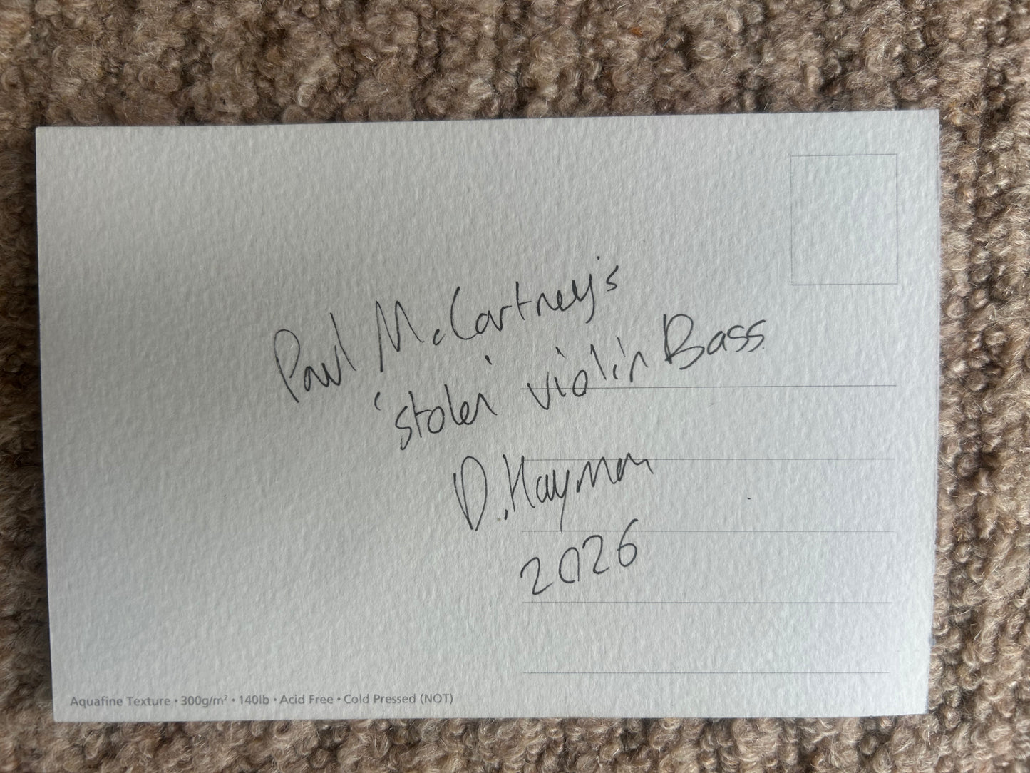 Paul McCartney’s ‘stolen’ Violin Bass. Postcard Painting. watercolour.