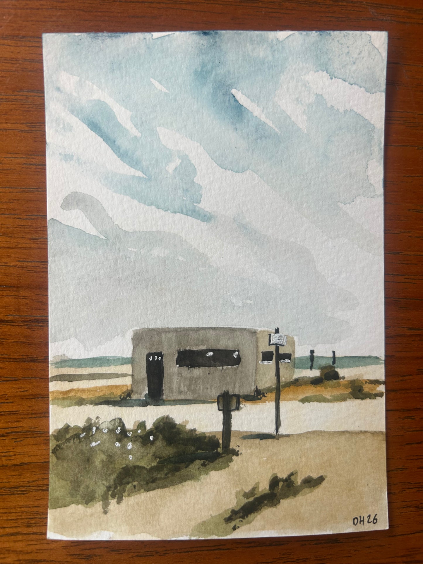 Pill Box. Rye Harbour, East Sussex 2/3. Postcard Painting. watercolour.