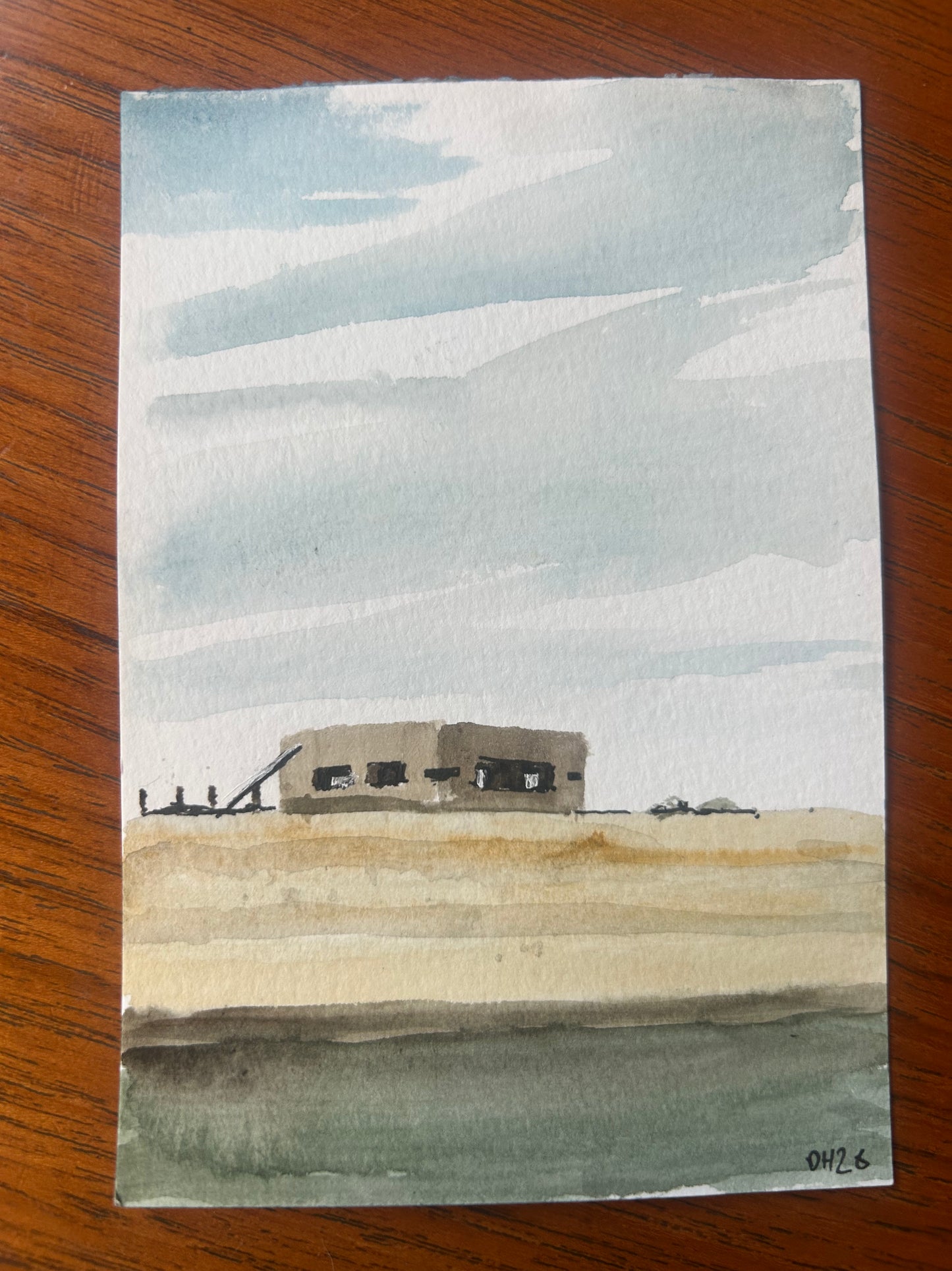 Pill Box. Rye Harbour, East Sussex 3/3. Postcard Painting. watercolour.