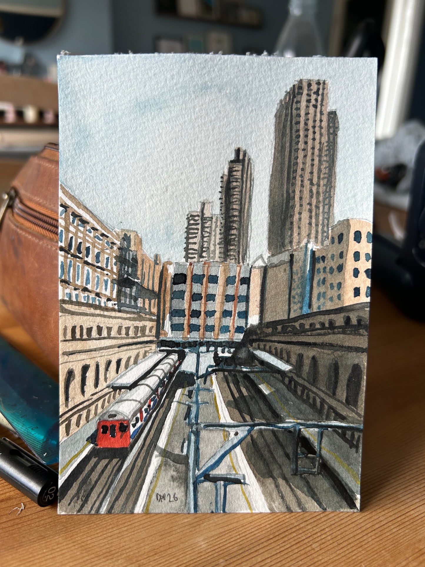 Barbican Underground Station, London. Postcard painting. Watercolour.