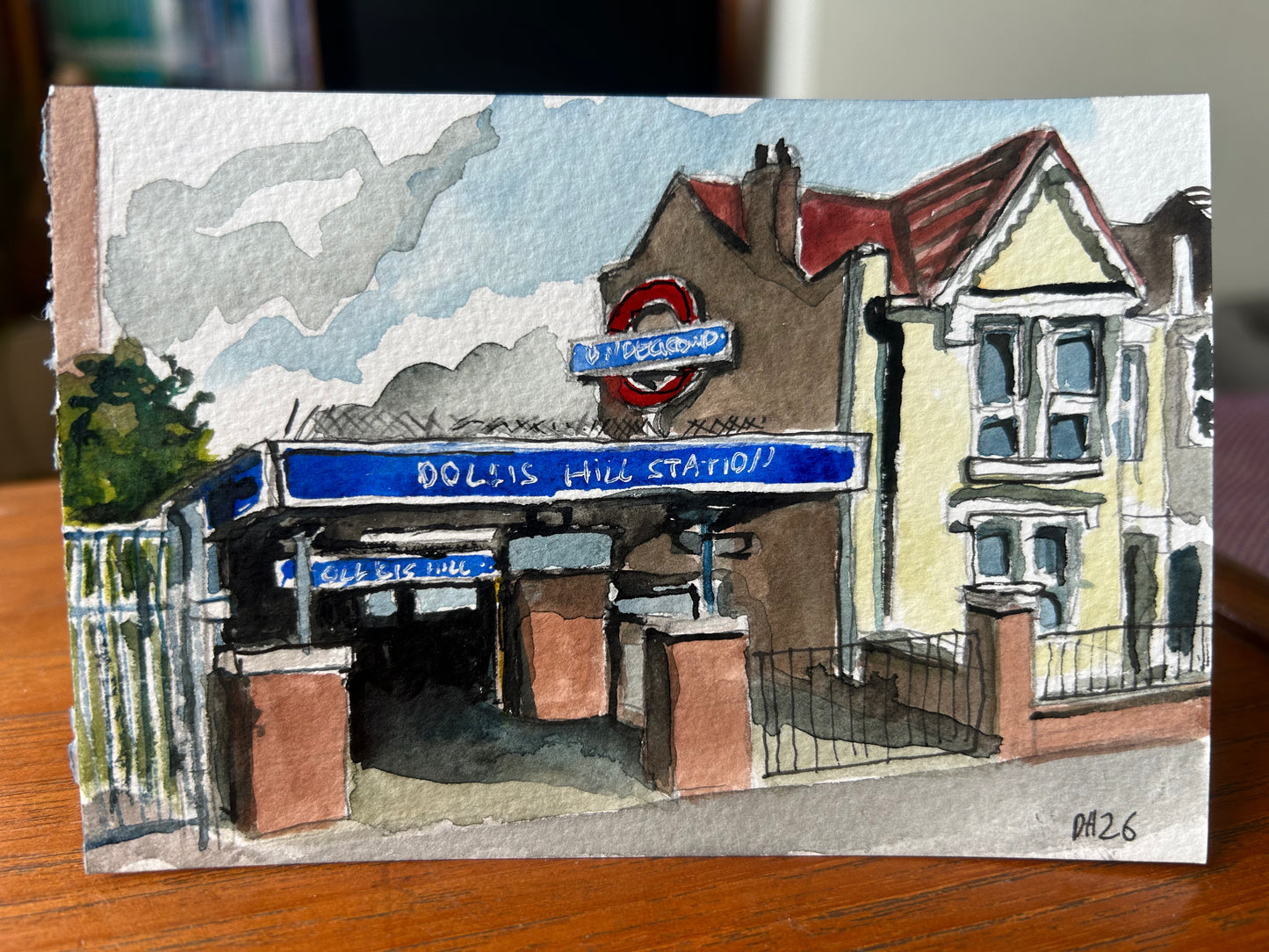 Dollis Hill Underground Station, London. Postcard painting. Watercolour.