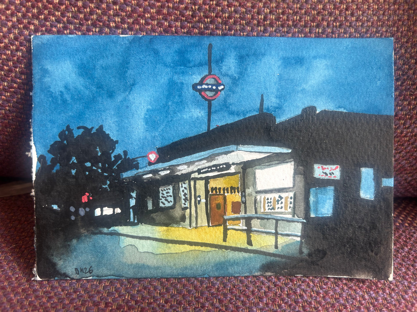 Hornchurch Underground Station, London. Postcard painting. Watercolour.