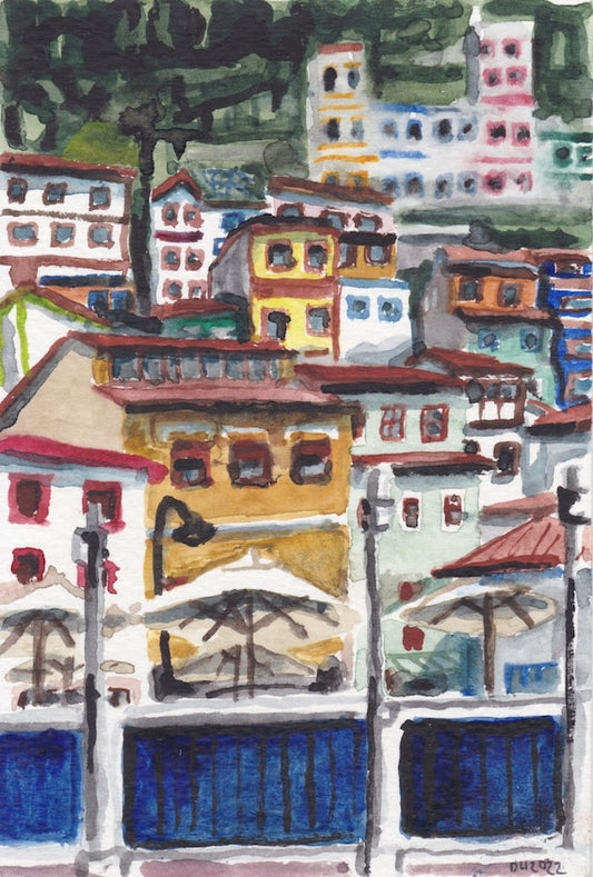 Postcard painting (A6) of Cudillero, Asturias, Spain. watercolour.