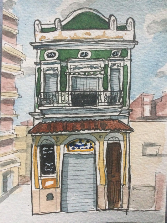 House in El Cabanyal, Valencia. #1. Postcard painting.