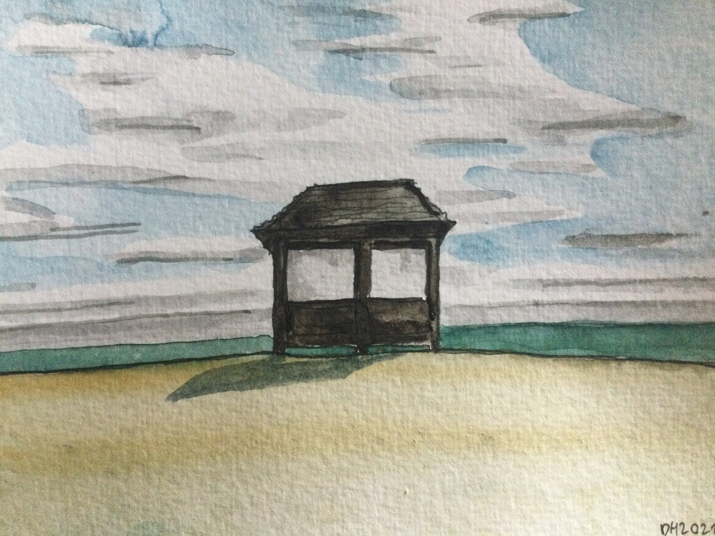 Postcard painting of shelter at Littlestone, Kent. 1/2