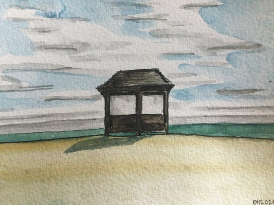 Postcard painting of shelter at Littlestone, Kent. 1/2