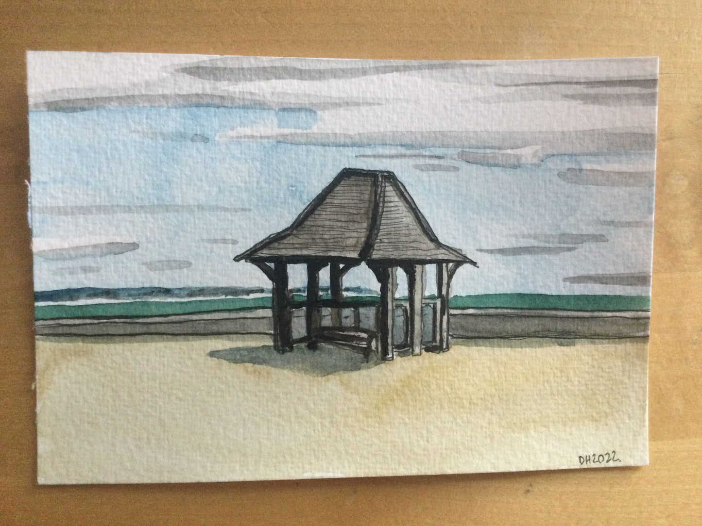 Postcard painting of shelter at Littlestone, Kent. 2/2