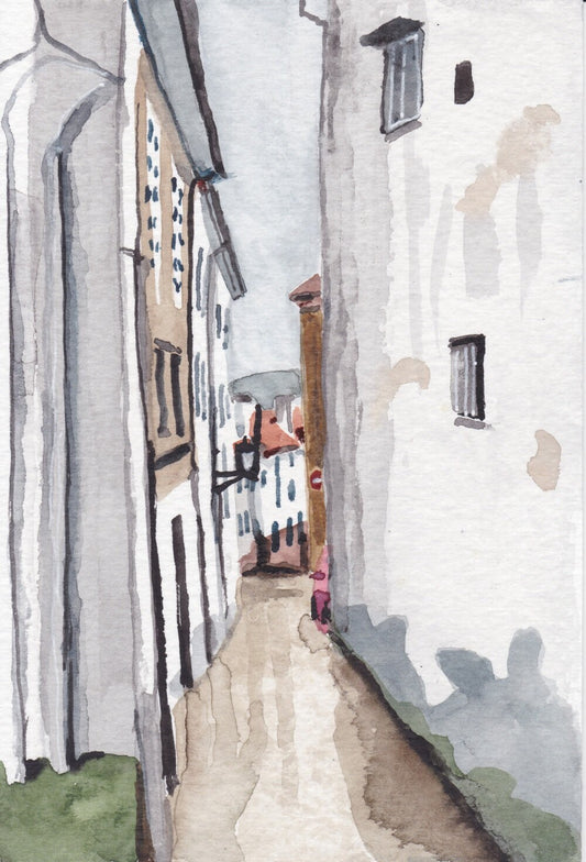 Postcard painting (A6) of street in Santiago De Compestela, Spain. watercolour.