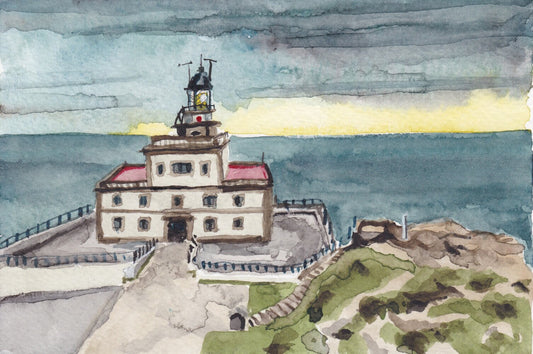 Postcard painting (A6) of lighthouse at Finisterre (Fisterra) Spain. watercolour.