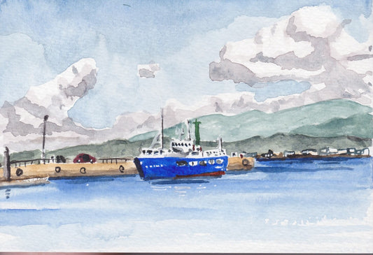 Postcard painting (A6) of boats in O Grove, Spain. watercolour.