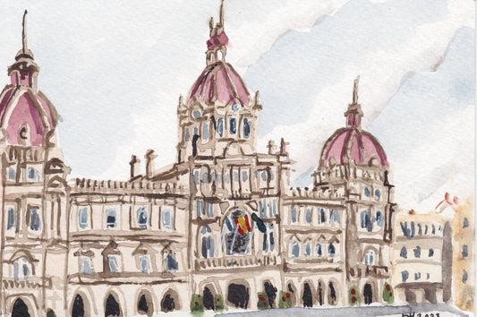 Postcard painting (A6) of Ayuntamiento de A Coruña, Spain. watercolour.