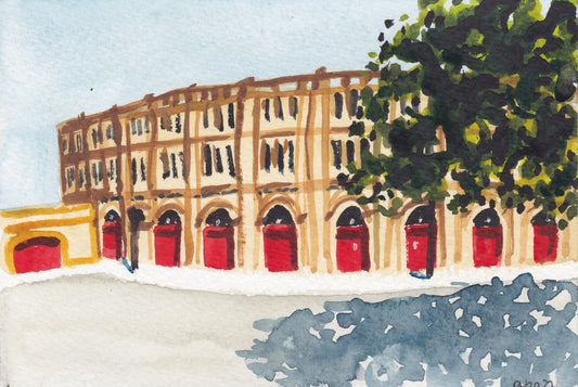 Postcard painting (A6) of bullring in Puerto De Santa María, Spain. watercolour.