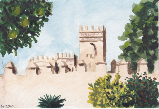 Postcard painting (A6) of San Marcos Castle, Puerto De Santa María, Spain. watercolour.